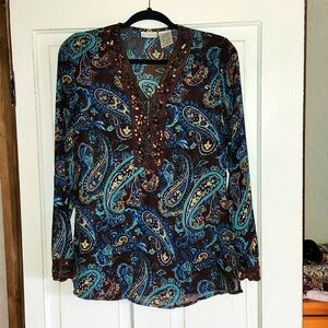 White Stag sheer brown and turquoise tunic blouse, with beaded Size medium.